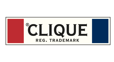 Svart, rød og blå Clique logo